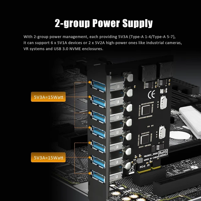 Alt view image 5 of 7 - U3057 7-Port 5Gbps PCIe USB 3.0 Card, USB 3.2 Gen 1, PCIe x1