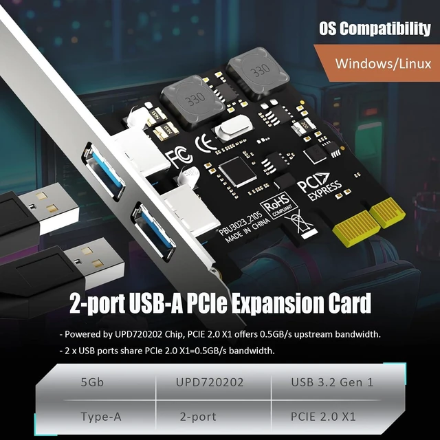 Alt view image 3 of 7 - U3023 2-Port PCIe USB 3.0 Card, USB 3.2 Gen 1 5Gbps, PCIe x1