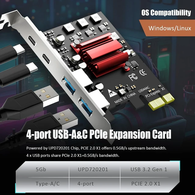 Alt view image 3 of 7 - U3044AC 4-Port PCIe USB 3.0 Card, 2 USB-C and 2 USB-A, 5Gbps
