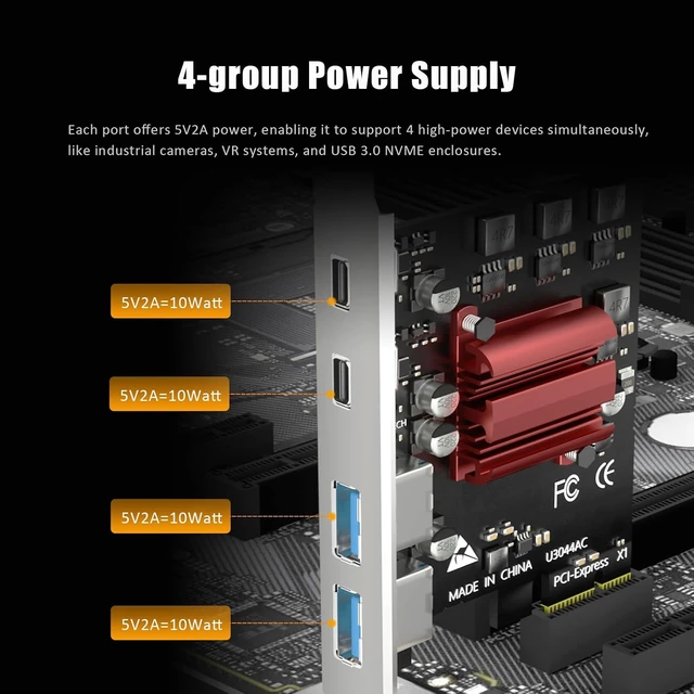 Alt view image 5 of 7 - U3044AC 4-Port PCIe USB 3.0 Card, 2 USB-C and 2 USB-A, 5Gbps