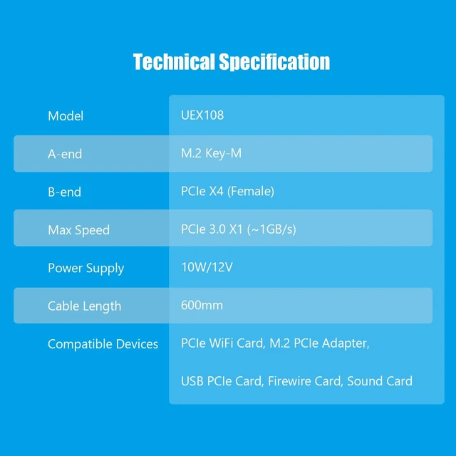 Alt view image 5 of 7 - UEX108 600mm M.2 to PCIe X4 Riser Cable (PCIe 3.0 X1 Speed),for PCIe WiFi Card, M.2 PCIe Card, USB PCIe Card, Sound Card, etc