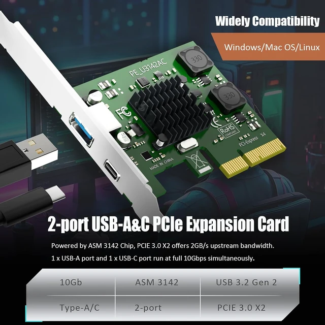 Alt view image 3 of 7 - U3142AC 10Gbps PCIe USB Card, USB-C and USB-A, USB 3.2 Gen 2