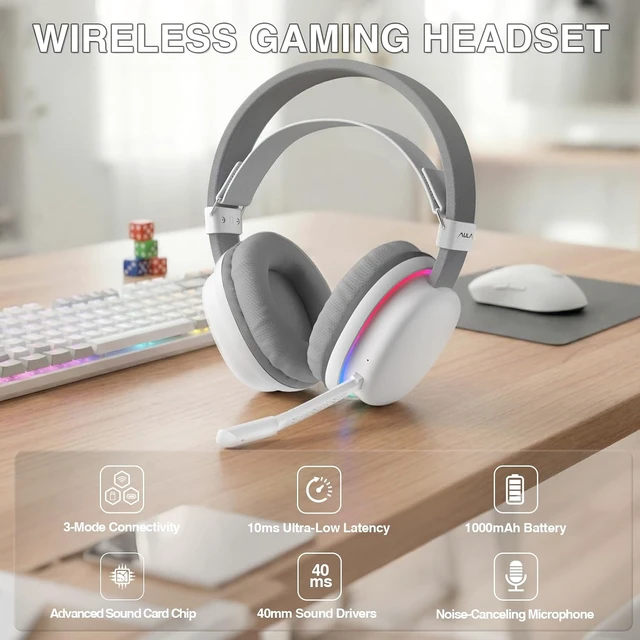 Alt view image 2 of 7 - G7 Wireless Gaming Headset with Detachable Noise Canceling Mic, 40mm Driver, BT5.3 Gaming Headphones with RGB Light, 10ms Latency,60Hr Battery,PC Gaming Headset for PS5,PS4,PC,Wired Mode for Xbox