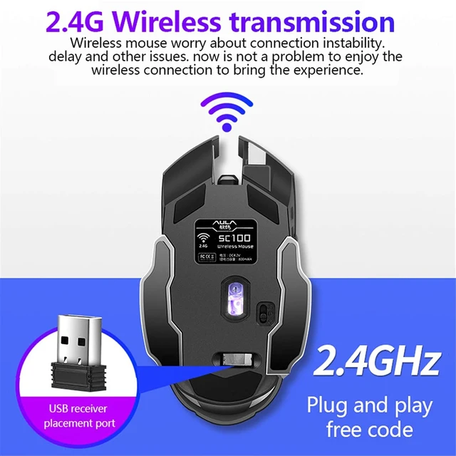 Alt view image 3 of 7 - SC100 Silent Wireless Gaming Mouse Rechargeable, with Side Buttons, LED Backlit, DPI Adjustable, 2.4G Wireless Optical Computer Mice Punk Cool Mouse for Games/Work (Black)