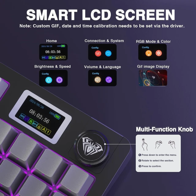 Alt view image 4 of 7 - Wireless Gaming Keyboard and Mouse Combo, S98 Pro Mechanical Keyboards with Screen & Knob,Tri-Mode Hot Swappable Creamy Keyboard+SC580 Wireless Gaming Mouse White