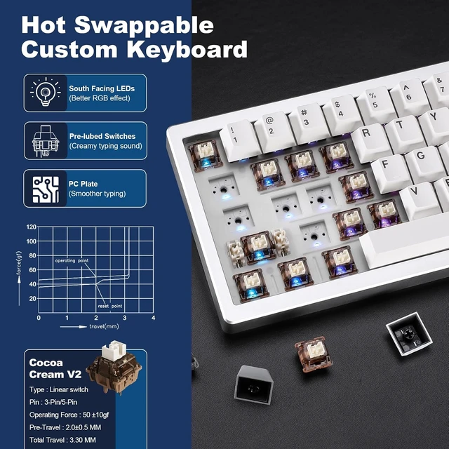 Alt view image 5 of 7 - AL68 Keyboard (Silver, Cocoa Cream V2),Spring Tea Keycap Cherry(Cherry Profile, Spring Tea)