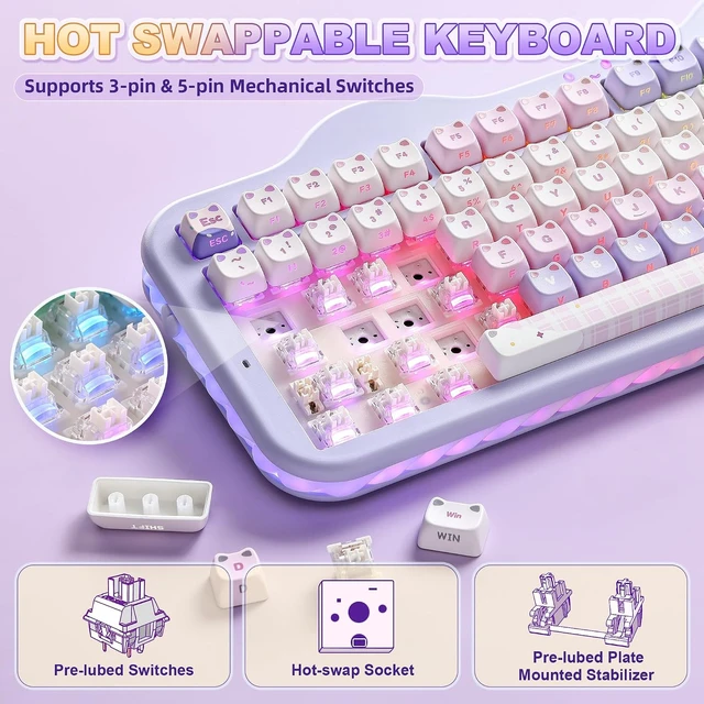 Alt view image 4 of 7 - C98 Cute Wireless Mechanical Keyboard(Purple Mao, Milk Switch)