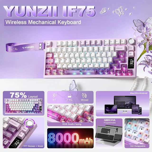 Alt view image 2 of 7 - IF75 QMK VIA Wireless Mechanical Keyboard(Purple,Onyx Gray Switch)