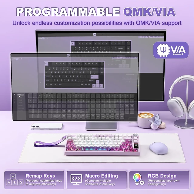 Alt view image 3 of 7 - IF75 QMK VIA Wireless Mechanical Keyboard(Purple,Onyx Gray Switch)