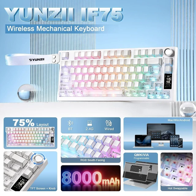 Alt view image 2 of 7 - IF75 QMK VIA Wireless Mechanical Keyboard(White,Candy Switch)