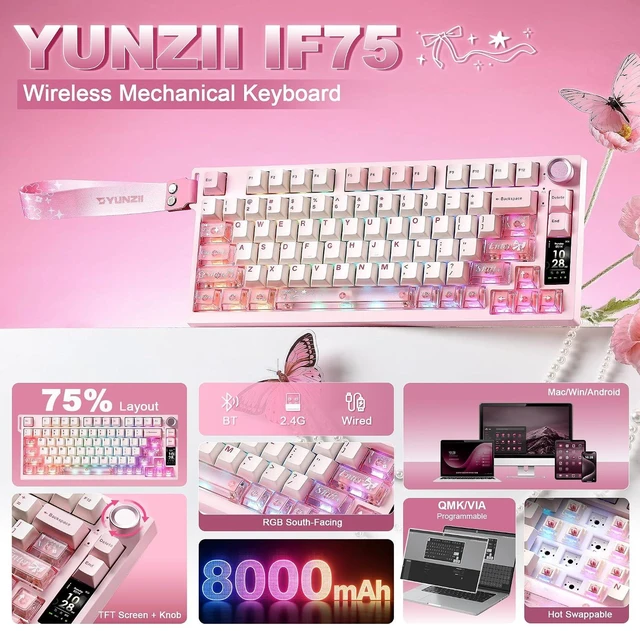 Alt view image 2 of 7 - IF75 QMK VIA Wireless Mechanical Keyboard(Pink,Candy Switch)