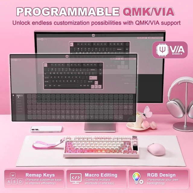Alt view image 3 of 7 - IF75 QMK VIA Wireless Mechanical Keyboard(Pink,Candy Switch)
