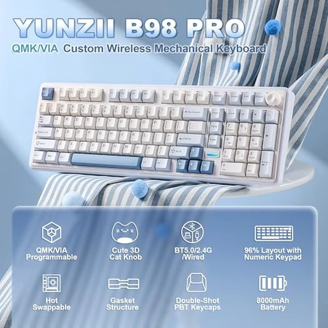 Alt view image 3 of 7 - B98 PRO Wireless Mechanical Keyboard (Blue, Milk V2 Linear Switch), M1 Wireless Mouse (White)