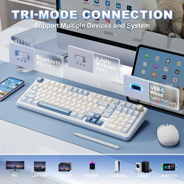 Alt view image 4 of 7 - B98 PRO Wireless Mechanical Keyboard (Blue, Milk V2 Linear Switch), M1 Wireless Mouse (White)