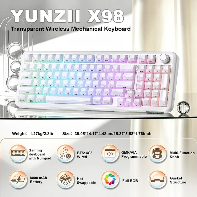 Alt view image 2 of 7 - X98 96% Wireless Hot Swap Keyboard with Knob (Milky White, Snow)