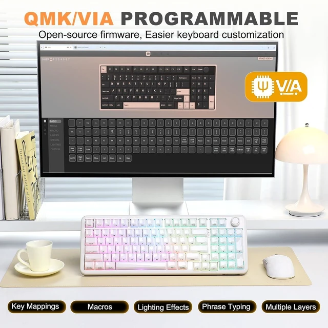 Alt view image 6 of 7 - X98 96% Wireless Hot Swap Keyboard with Knob (Milky White, Snow)