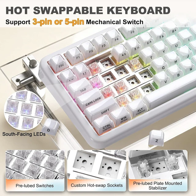Alt view image 5 of 7 - X98 96% Wireless Hot Swap Keyboard with Knob(Milky White,Crystal)