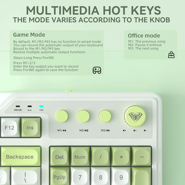 Alt view image 6 of 7 - Aula F3099 Wireless Keyboard and Mouse Combo, Tri-Mode BT5.0/2.4GHz/USB-C Cute Creamy Keyboard with Number Pad+ SM802 Wireless Gaming Mouse,24,000 DPI Max68g Lightweight Computer Mouse for Laptop/PC