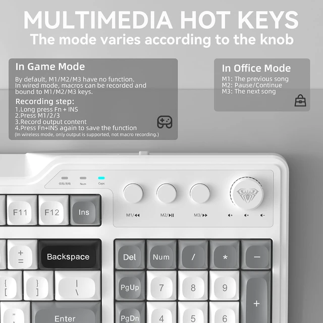 Alt view image 4 of 7 - Aula F3099 Wireless Gaming Computer Keyboard with Number Pad & Knob
