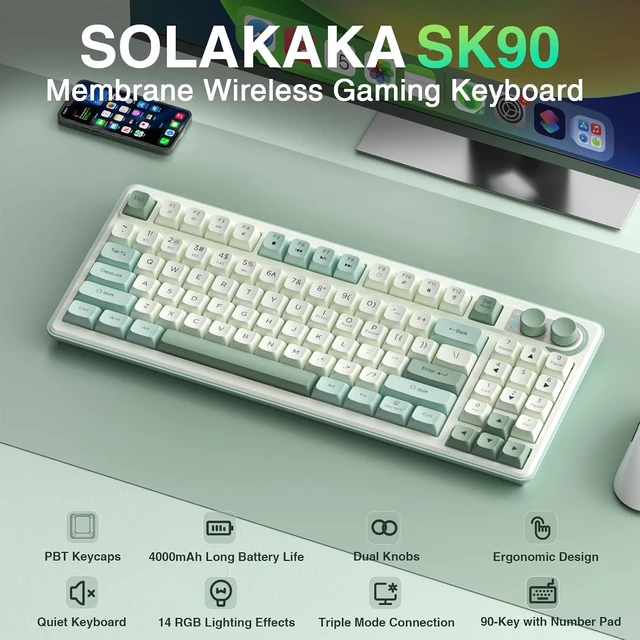Alt view image 2 of 7 - SOLAKAKA SK90 75% Wireless Gaming Keyboard with Media Knob & Number Pad