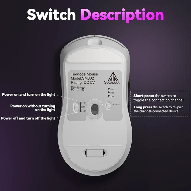 Alt view image 7 of 7 - SOLAKAKA SM802 Wireless Gaming Mouse,24,000 DPI Max,Tri-Mode 2.4GHz/BT/Wired USB Rechargeable White Mouse with RGB,Programmable Macro Buttons,68g Lightweight Computer Mouse for Laptop/PC/Mac