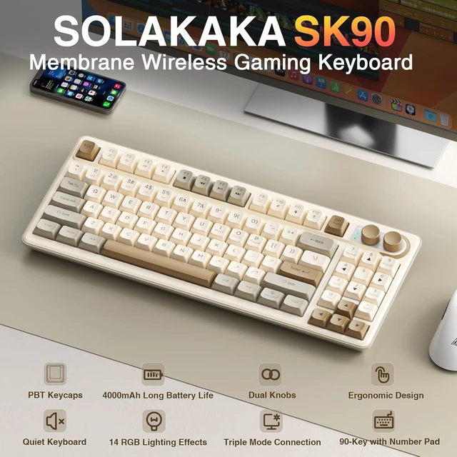 Alt view image 2 of 7 - SOLAKAKA SK90 75% Wireless Gaming Keyboard with Media Knob & Number Pad
