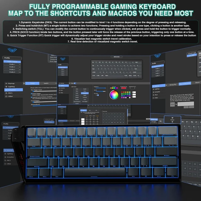 Alt view image 7 of 7 - Aula WIN60 HE - 60% Mechanical Gaming Keyboard Wired, Hall Effect Magnetic Switch Hot Swappable,8000 Hz Polling Rate, RGB Keyboard 60 Percent Compact Design for PC (Gradient Gray)