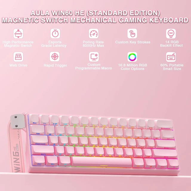 Alt view image 2 of 7 - Aula WIN60 HE - 60% Mechanical Gaming Keyboard Wired, Hall Effect Magnetic Switch Hot Swappable,8000 Hz Polling Rate, RGB Keyboard 60 Percent Compact Design for PC (Gradient Pink)