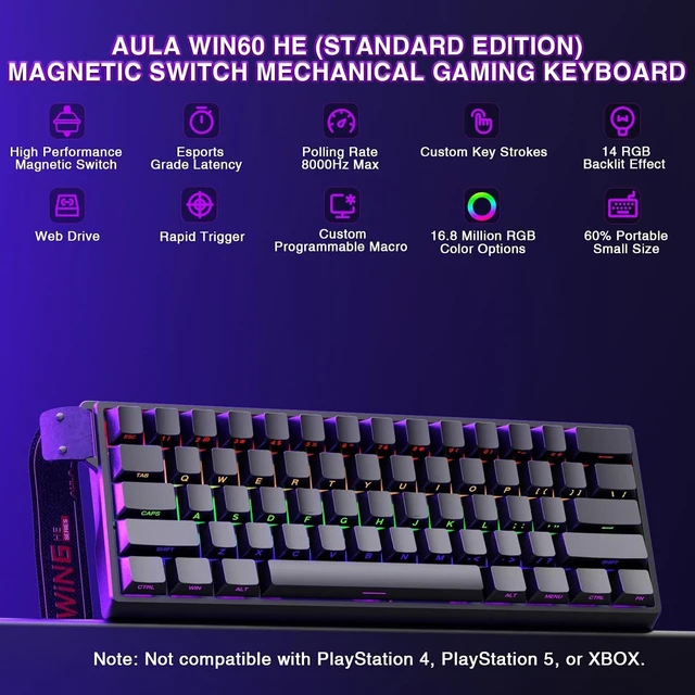 Alt view image 2 of 7 - Aula WIN60 HE - 60% Mechanical Gaming Keyboard Wired, Magnetic Switch Hot Swappable, Adjustable Actuation Rapid Trigger Mode, 8000 Hz Polling Rate, RGB Small Keyboard 60 Percent Compact Design for PC