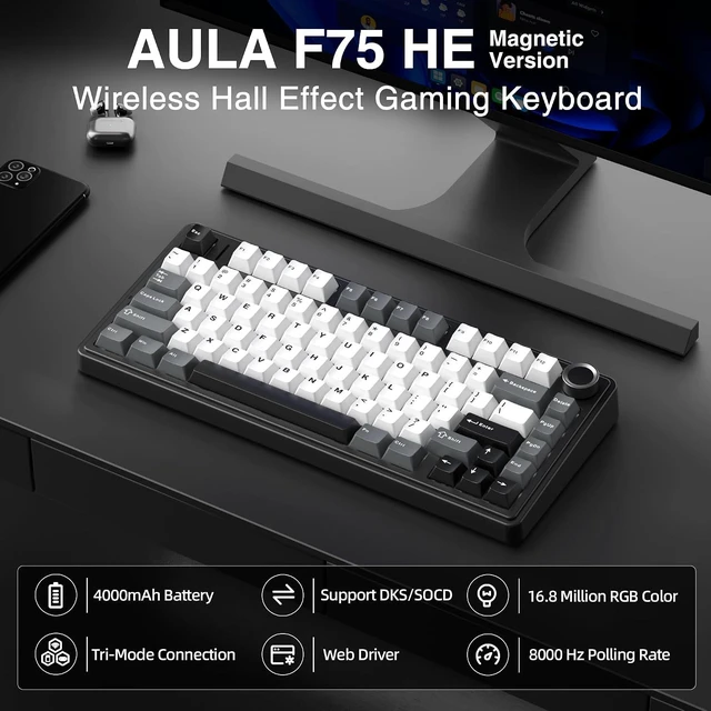 Alt view image 2 of 7 - Aula F75 HE Wireless Gaming Keyboard Hall Effect Magnetic Switch Keyboard