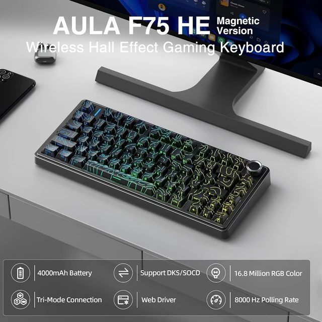 Alt view image 2 of 7 - Aula F75 HE Wireless Gaming Keyboard Hall Effect Magnetic Switch Keyboard