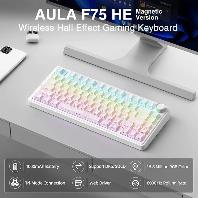 Alt view image 2 of 7 - Aula F75 HE Wireless Gaming Keyboard Hall Effect Magnetic Switch Keyboard