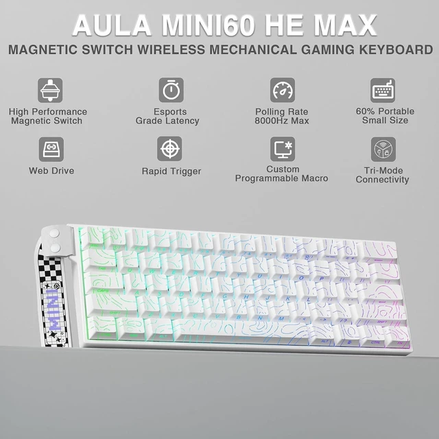 Alt view image 2 of 7 - Aula MINI60 HE MAX - 60% Mechanical Gaming Keyboard Wireless, Hall Effect Magnetic Switch+SM802 Wireless Gaming Mouse,24,000 DPI Max,Lightweight Computer Mouse for Laptop/PC