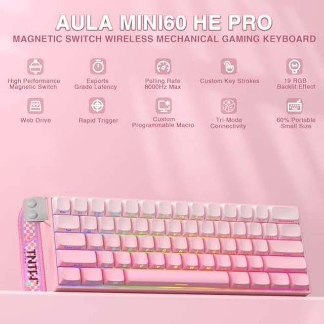 Alt view image 2 of 7 - Aula MINI60 HE PRO - 60% Mechanical Gaming Keyboard Wireless, Hall Effect Magnetic Switch(Pink)+SM802 Wireless Gaming Mouse,24,000 DPI Max,Lightweight Computer Mouse for Laptop/PC
