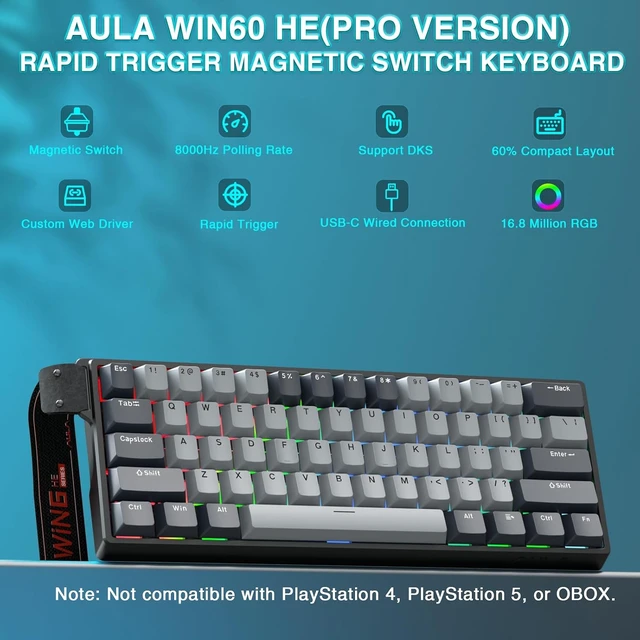 Alt view image 2 of 7 - AULA WIN60 HE PRO 60% Mechanical Gaming Keyboard Wired, Magnetic Switch Hot Swappable, Adjustable Actuation Rapid Trigger Mode, 8000Hz Polling Rate, RGB Small Keyboard 60 Percent Compact Design for PC