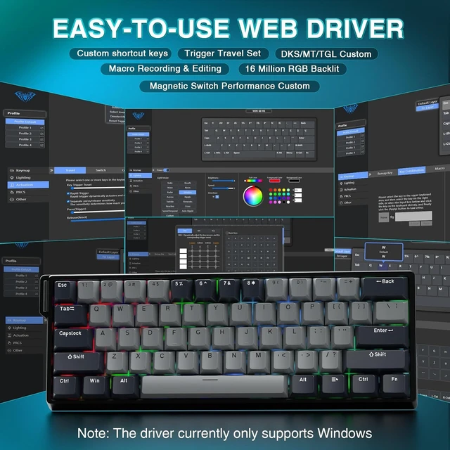 Alt view image 4 of 7 - Aula WIN60 HE Pro- 60% Mechanical Gaming Keyboard Wired, Hall Effect Magnetic Switch Keyboard+SOLAKAKA SM850 Wireless Gaming Mouse24000 DPI Adjustable, Lightweight, Ergonomic Wireless Mouse
