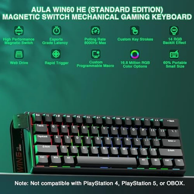 Alt view image 3 of 7 - Aula WIN60 HE Keyboard and Mouse Combo, 60% Mechanical Gaming Keyboard Wired, Magnetic Switch Rapid Trigger Mode, SM850 Wireless Mouse