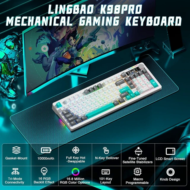 Alt view image 2 of 7 - LINGBAO K98 PRO 96% Wireless Mechanical Gaming Keyboard with Screen & Knob