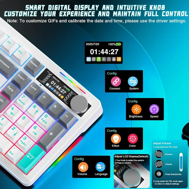 Alt view image 3 of 7 - LINGBAO K98 PRO 96% Wireless Mechanical Gaming Keyboard with Screen & Knob