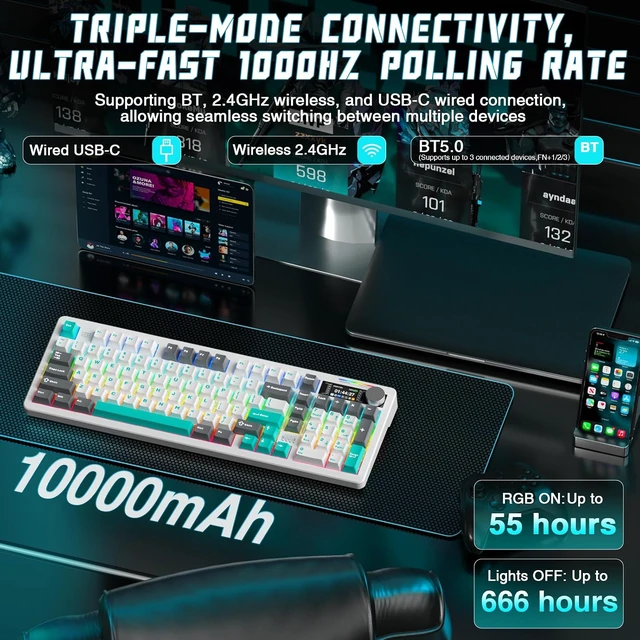 Alt view image 4 of 7 - LINGBAO K98 PRO 96% Wireless Mechanical Gaming Keyboard with Screen & Knob