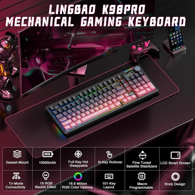 Alt view image 2 of 7 - LINGBAO K98 PRO Wireless Mechanical Gaming Keyboard with Screen & Knob