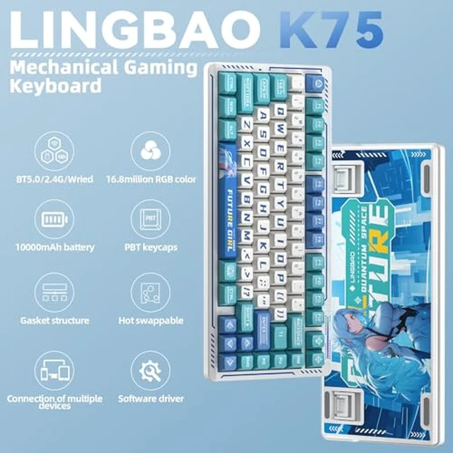 Alt view image 2 of 7 - LINGBAO K75 Wireless Mechanical Keyboard,75% Anime Gaming Keyboard,Tri-Mode 2.4GHz/BT/Wired Rechargeable Keyboard+ SM802 Wireless Gaming Mouse,24,000 DPI Max,Lightweight Computer Mouse for Laptop/PC