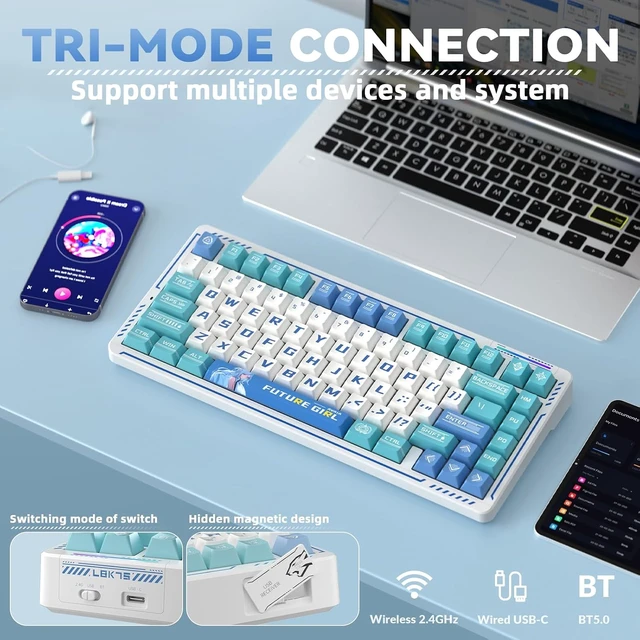 Alt view image 3 of 7 - LINGBAO K75 Wireless Mechanical Keyboard,75% Anime Gaming Keyboard,Tri-Mode 2.4GHz/BT/Wired Rechargeable Keyboard+ SM802 Wireless Gaming Mouse,24,000 DPI Max,Lightweight Computer Mouse for Laptop/PC