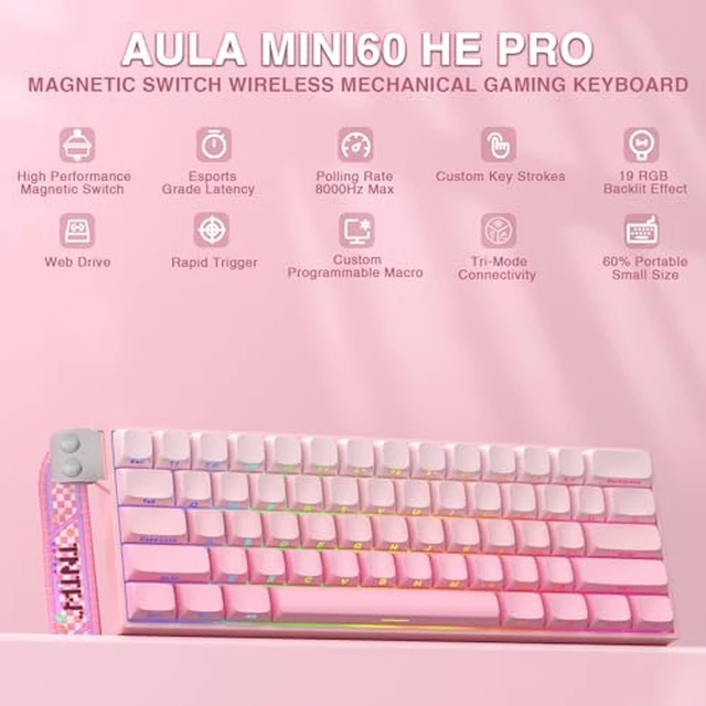 Alt view image 2 of 7 - Aula MINI60 HE PRO - 60% Mechanical Gaming Keyboard Wireless, Hall Effect Magnetic Switch(Pink)+SM802 Wireless Gaming Mouse,24,000 DPI Max,Lightweight Computer Mouse for Laptop/PC