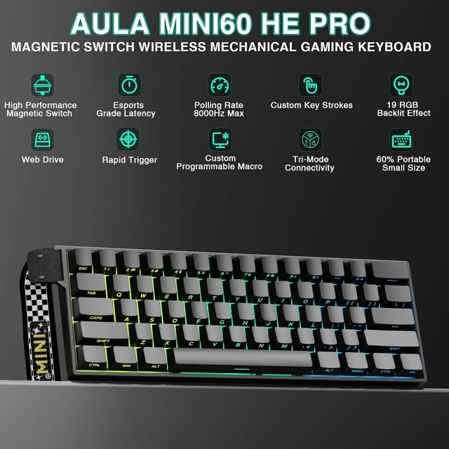 Alt view image 2 of 7 - Aula MINI60 HE PRO Wireless Gaming Keyboard 60%,Hall Effect Rapid Trigger Magnetic Keyboard,8000Hz Polling,Tri-Mode(BT5.0/2.4GHz/USB-C),RGB Hot Swappable Compact Mechanical Keyboard for Gamer(Black)