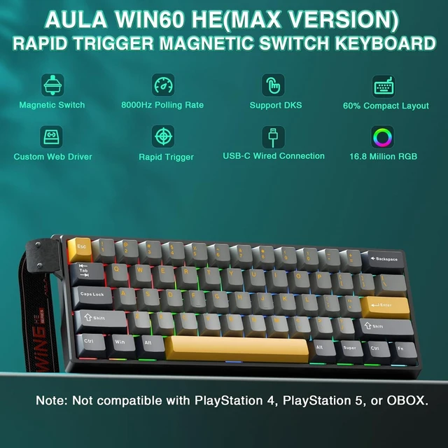 Alt view image 2 of 7 - AULA WIN60 HE MAX - 60% Mechanical Gaming Keyboard Wired, Hall Effect Magnetic Switches Hot Swappable, Adjustable Actuation Rapid Trigger Mode, 8000 Hz Polling Rate, 60 Percent Keyboard Compact Design