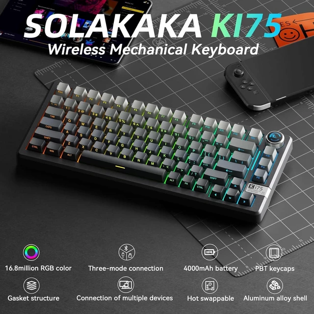 Alt view image 2 of 7 - SOLAKAKA KI75 Wireless Gaming Keyboard, 75% Mechanical Aluminum Keyboard