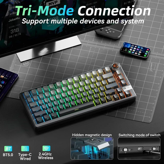 Alt view image 4 of 7 - SOLAKAKA KI75 Wireless Gaming Keyboard, 75% Mechanical Aluminum Keyboard
