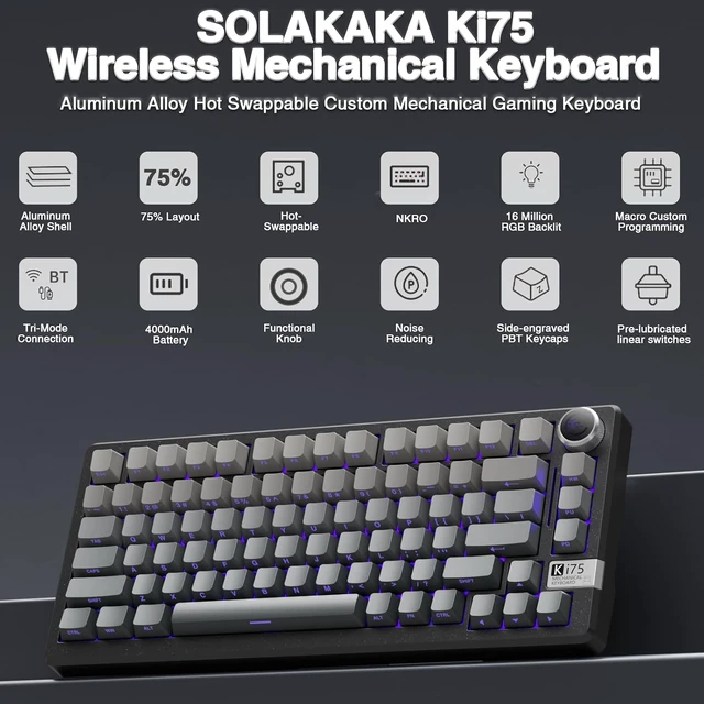 Alt view image 2 of 7 - SOLAKAKA KI75 Wireless Mechanical Gaming Keyboard, 75% Percent Aluminum Hot Swappable Switches, Side-Printed RGB Backlit Custom Keyboard with Knob, Tri-Mode 2.4GHz/USB-C/BT 5.0 for PC