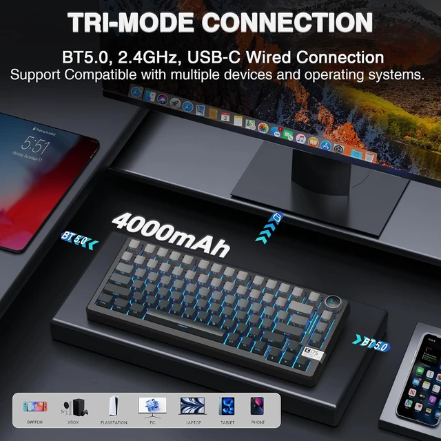 Alt view image 3 of 7 - SOLAKAKA KI75 Wireless Mechanical Gaming Keyboard, 75% Percent Aluminum Hot Swappable Switches, Side-Printed RGB Backlit Custom Keyboard with Knob, Tri-Mode 2.4GHz/USB-C/BT 5.0 for PC